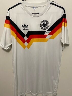 adidas White Football Jersey with Black, Red & Yellow German Stripe